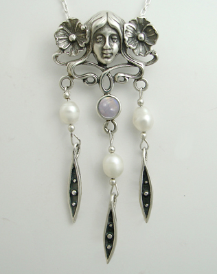 Sterling Silver Woman Maiden of the Garden Necklace With Rainbow Moonstone And Cultured Freshwater Pearl